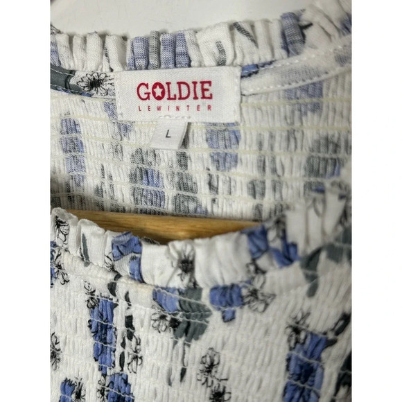 Goldie Lewinter Size L Daisy Print Puff Sleeve Smocked Top in Blue and White - Picture 5 of 5
